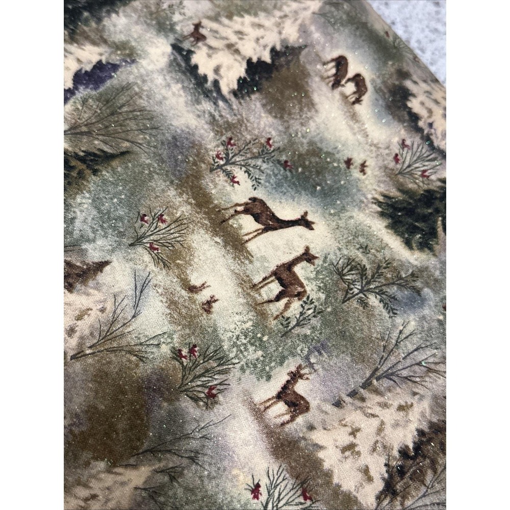 2 Yards Christmas Deer Forest Trees Fabric  Glitter Accent Cotton Springs